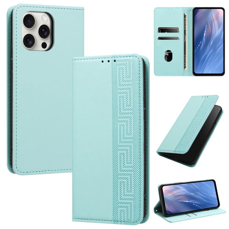 Custodia in ecopelle con motivo a meandro e protezione RFID per iPhone Air