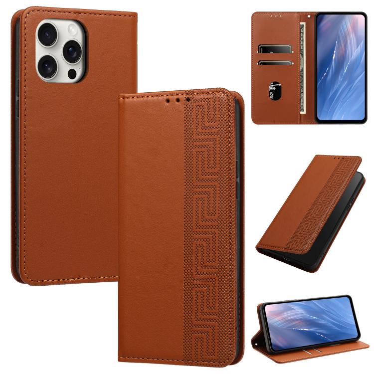 Custodia in ecopelle con motivo a meandro e protezione RFID per iPhone Air