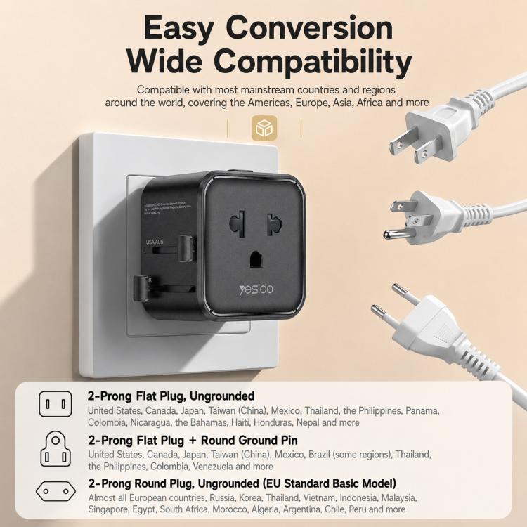 Adattatore da viaggio universale Yesido MC46, 2500 W - immagine 11