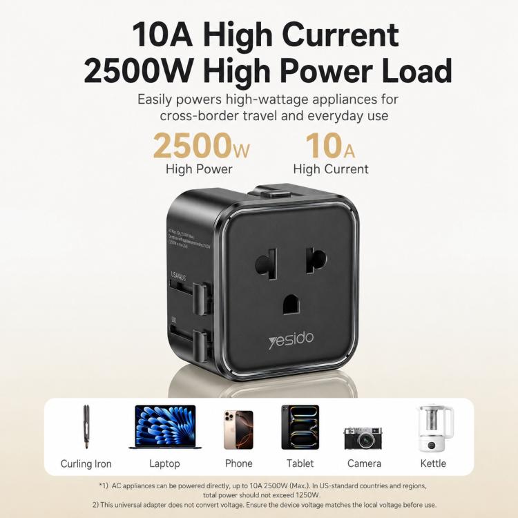 Adattatore da viaggio universale Yesido MC46, 2500 W - immagine 6