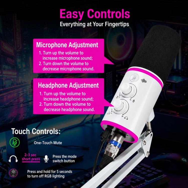 Microfono a condensatore USB-C XTUGA GV6 RGB per gaming - immagine 9