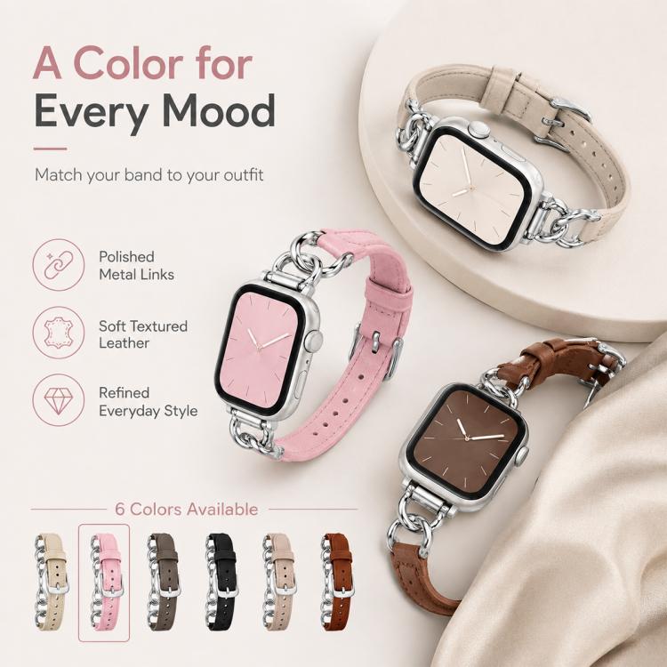 Cinturino per orologio xDfind in pelle vegana con catena in metallo, For Apple Watch 46mm / 49mm / 45mm / 44mm, For Apple Watch 42mm / 41mm / 40mm / 38mm