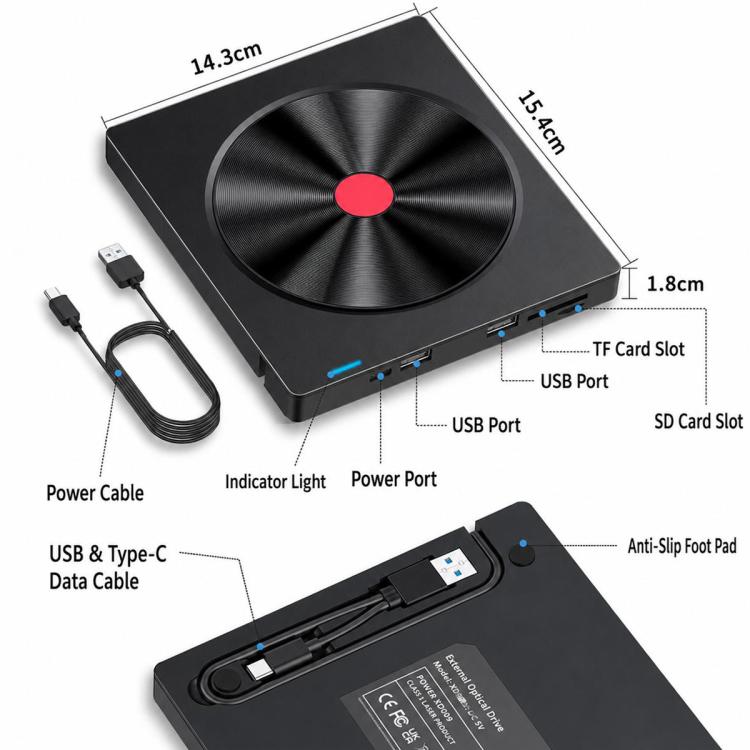 Masterizzatore CD esterno 5-in-1 USB 3.0 per laptop con design sottile