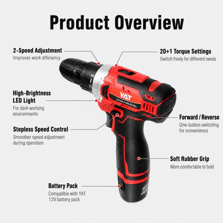 Trapano avvitatore elettrico a batteria YAT D3303-9, con batteria al litio, ideale per legno, plastica e metallo.