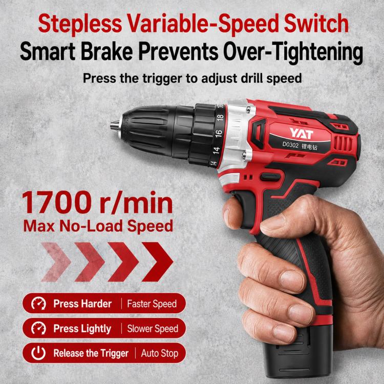 Trapano avvitatore elettrico a batteria YAT D3303-9, con batteria al litio, ideale per legno, plastica e metallo.