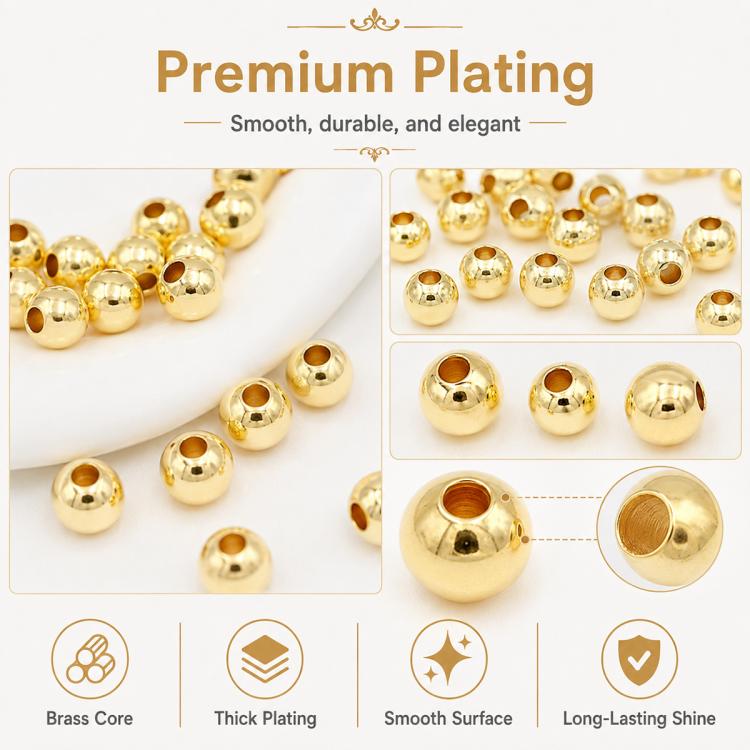 100 pezzi/confezione Perline distanziatrici rotonde placcate oro per la creazione di gioielli fai da te, finitura liscia, foro dritto, 2mm Hole 0.8mm, 2.5mm Hole 1.0mm, 3mm Hole 1.2mm, 3mm Hole 1.5mm