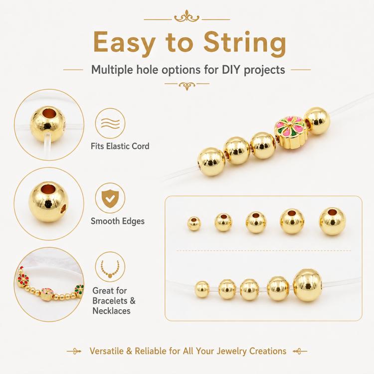 100 pezzi/confezione Perline distanziatrici rotonde placcate oro per la creazione di gioielli fai da te, finitura liscia, foro dritto, 2mm Hole 0.8mm, 2.5mm Hole 1.0mm, 3mm Hole 1.2mm, 3mm Hole 1.5mm