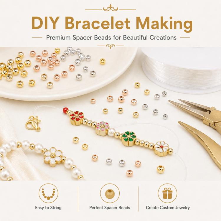 100 pezzi/confezione Perline distanziatrici rotonde placcate oro per la creazione di gioielli fai da te, finitura liscia, foro dritto, 2mm Hole 0.8mm, 2.5mm Hole 1.0mm, 3mm Hole 1.2mm, 3mm Hole 1.5mm