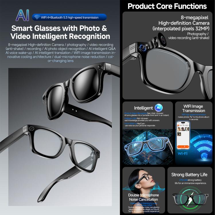Occhiali intelligenti W610T con intelligenza artificiale, fotocamera HD da 8 MP, chiamate Bluetooth, registrazione video, trasmissione Wi-Fi e assistente vocale AI., Anti Blue Light Lens, Sunglasses, Photochromic