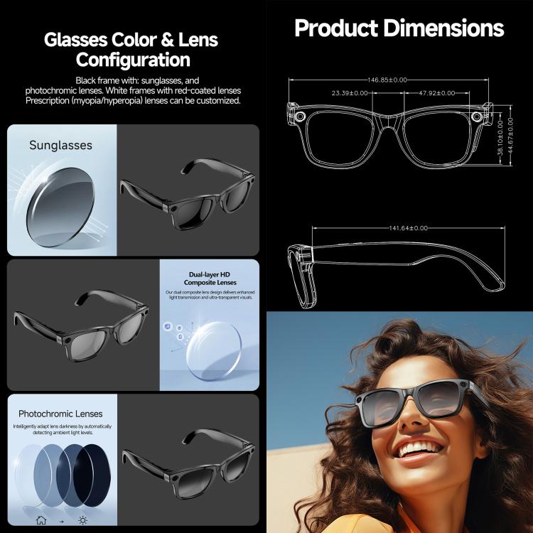 Occhiali intelligenti W610T con intelligenza artificiale, fotocamera HD da 8 MP, chiamate Bluetooth, registrazione video, trasmissione Wi-Fi e assistente vocale AI., Anti Blue Light Lens, Sunglasses, Photochromic