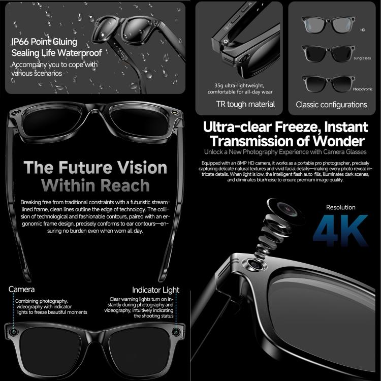 Occhiali intelligenti W610T con intelligenza artificiale, fotocamera HD da 8 MP, chiamate Bluetooth, registrazione video, trasmissione Wi-Fi e assistente vocale AI., Anti Blue Light Lens, Sunglasses, Photochromic