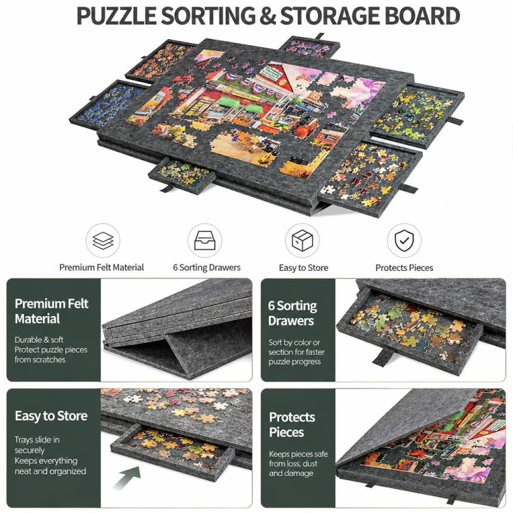 Tavolo puzzle portatile in feltro con 6 cassetti per l'ordinamento, ideale per bambini., 77x53.6x3.5cm