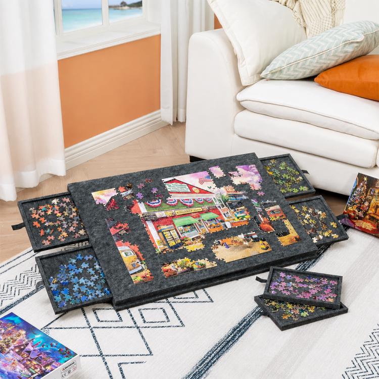 Tavolo puzzle portatile in feltro con 6 cassetti per l'ordinamento, ideale per bambini., 77x53.6x3.5cm