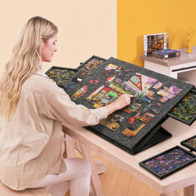 Tavolo puzzle portatile in feltro con 6 cassetti per l'ordinamento, ideale per bambini., 77x53.6x3.5cm