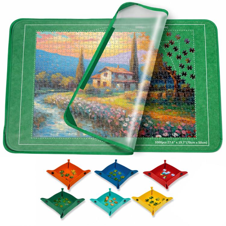 Tappetino per puzzle pieghevole e rinforzato, dimensioni: 56x81 cm, Green with Sorting Trays, Green with Stand, Black with Serged Edges, Black with Sorting Trays, Black with Stand