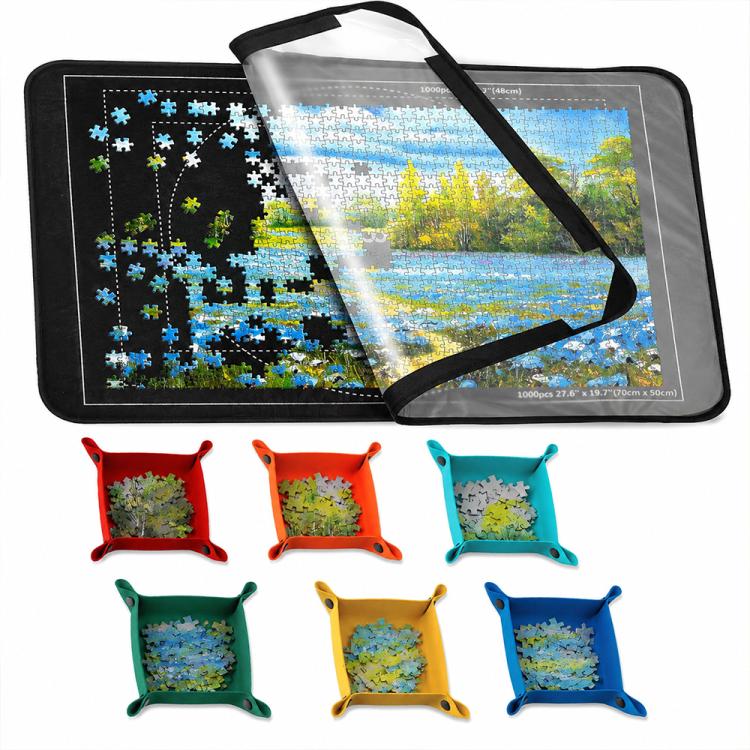 Tappetino per puzzle pieghevole e rinforzato, dimensioni: 56x81 cm, Green with Sorting Trays, Green with Stand, Black with Serged Edges, Black with Sorting Trays, Black with Stand