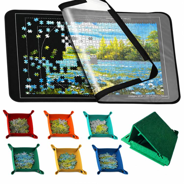 Tappetino per puzzle pieghevole e rinforzato, dimensioni: 56x81 cm, Green with Sorting Trays, Green with Stand, Black with Serged Edges, Black with Sorting Trays, Black with Stand