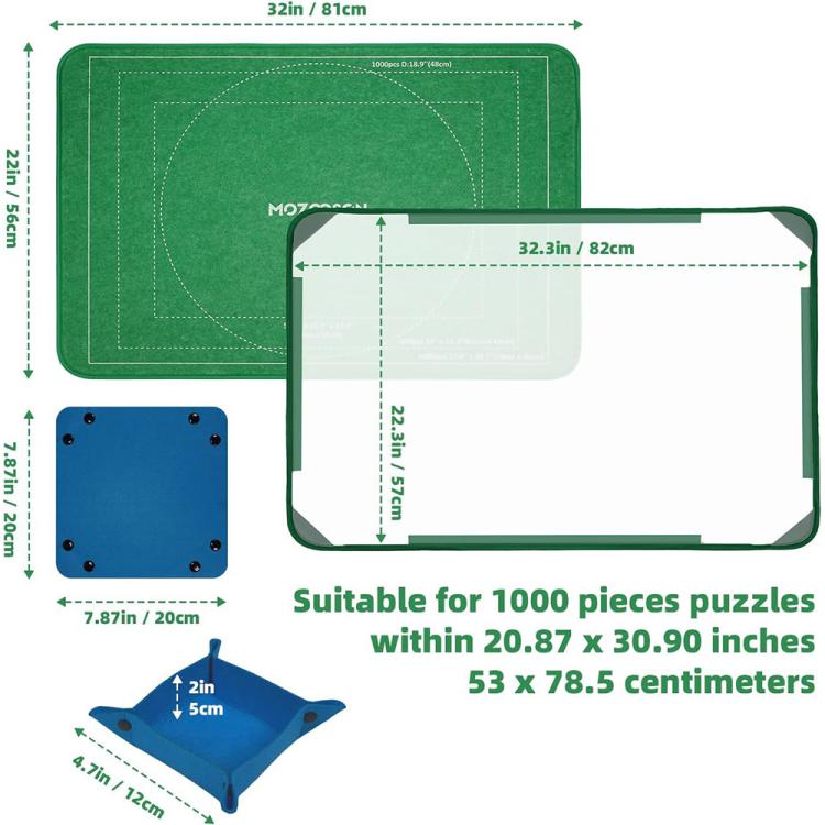 Tappetino per puzzle pieghevole e rinforzato, dimensioni: 56x81 cm, Green with Sorting Trays, Green with Stand, Black with Serged Edges, Black with Sorting Trays, Black with Stand