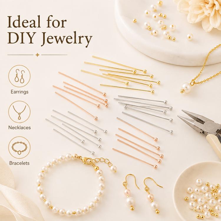 Confezione da 100 spilli a testa sferica in rame placcato oro per la creazione di gioielli fai da te., 1.8mm Ball Pin 0.5x35mm, 1.8mm Ball Pin 0.5x40mm, 1.8mm Ball Pin 0.5x50mm, 1.8mm Ball Pin 0.5x60mm