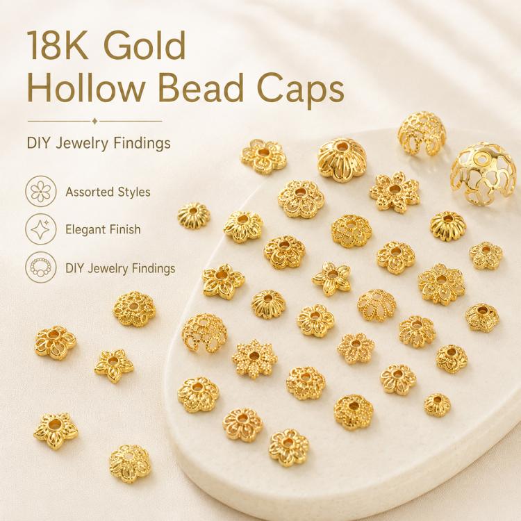 Confezione da 100 pezzi di copriperline a forma di fiore cavo placcati in oro, distanziatori per la creazione di gioielli fai da te., Multi-Petal 8-Petal 10mm, Hollow Smooth 6-Petal 7mm, 4-Petal 6mm, 5-Petal Flower Cap 6mm, 5-Petal Flower Cap 8mm      ...