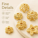 Confezione da 100 pezzi di copriperline a forma di fiore cavo placcati in oro, distanziatori per la creazione di gioielli fai da te., Multi-Petal 8-Petal 10mm, Hollow Smooth 6-Petal 7mm, 4-Petal 6mm, 5-Petal Flower Cap 6mm, 5-Petal Flower Cap 8mm      ...