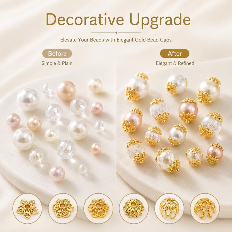 Confezione da 100 pezzi di copriperline a forma di fiore cavo placcati in oro, distanziatori per la creazione di gioielli fai da te., Multi-Petal 8-Petal 10mm, Hollow Smooth 6-Petal 7mm, 4-Petal 6mm, 5-Petal Flower Cap 6mm, 5-Petal Flower Cap 8mm      ...
