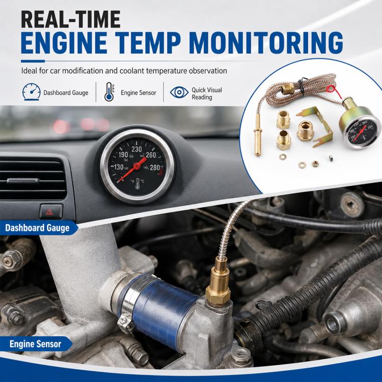 Indicatore di temperatura dell'acqua meccanico a doppio display per modifiche auto con 3 adattatori, Dual-Display Water Temperature Gauge