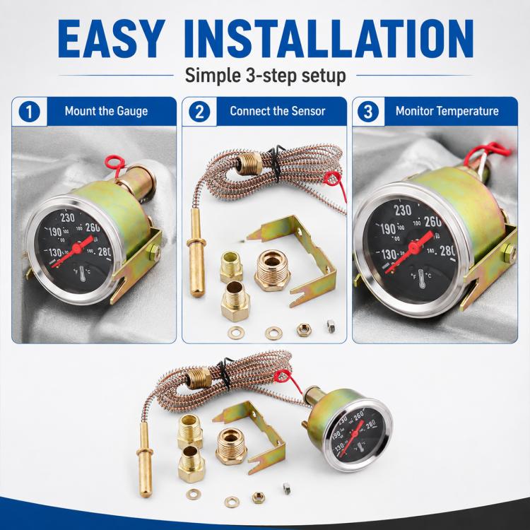 Indicatore di temperatura dell'acqua meccanico a doppio display per modifiche auto con 3 adattatori, Dual-Display Water Temperature Gauge
