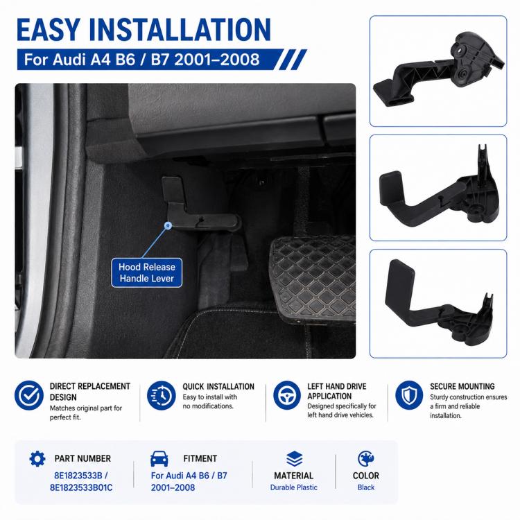Maniglia di apertura cofano per Audi A4 B6/B7 2001–2008, codice 8E1823533B, 8E1823533B01C, guida a sinistra.