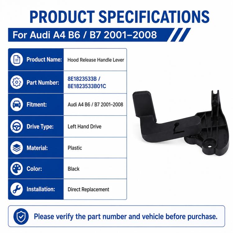 Maniglia di apertura cofano per Audi A4 B6/B7 2001–2008, codice 8E1823533B, 8E1823533B01C, guida a sinistra.