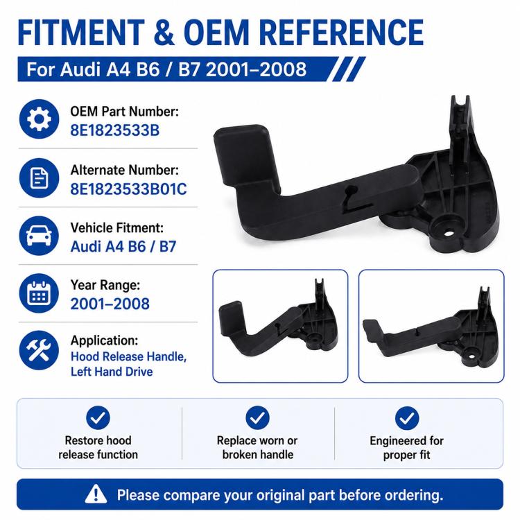 Maniglia di apertura cofano per Audi A4 B6/B7 2001–2008, codice 8E1823533B, 8E1823533B01C, guida a sinistra.