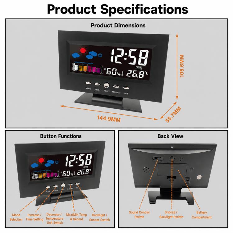 Orologio elettronico multifunzione DS-8082TS con display LCD retroilluminato, controllo vocale e visualizzazione meteo.