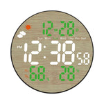 Orologio da parete multifunzione DS-5853L, con display LED rotondo a motivo bambù, visualizzazione meteo e orologio elettronico.