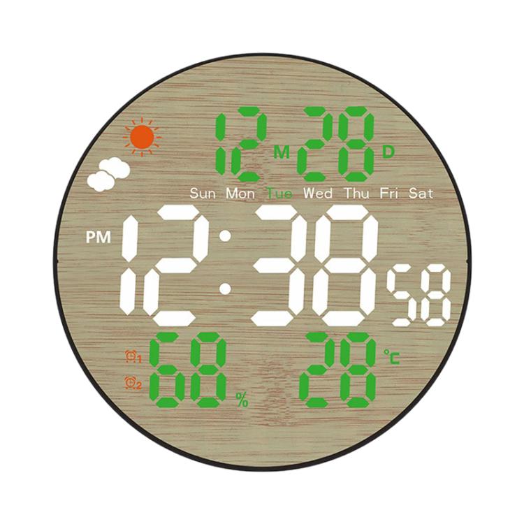 Orologio da parete multifunzione DS-5853L, con display LED rotondo a motivo bambù, visualizzazione meteo e orologio elettronico.