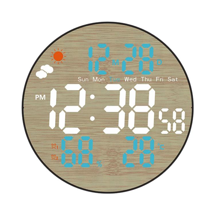 Orologio da parete multifunzione DS-5853L, con display LED rotondo a motivo bambù, visualizzazione meteo e orologio elettronico.