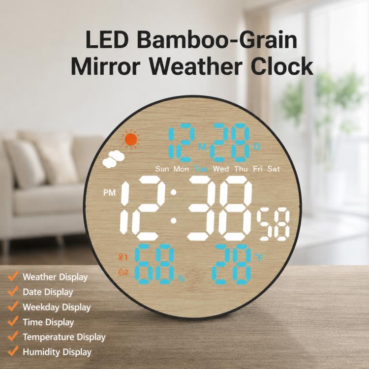 Orologio da parete multifunzione DS-5853L, con display LED rotondo a motivo bambù, visualizzazione meteo e orologio elettronico.