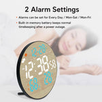 Orologio da parete multifunzione DS-5853L, con display LED rotondo a motivo bambù, visualizzazione meteo e orologio elettronico.