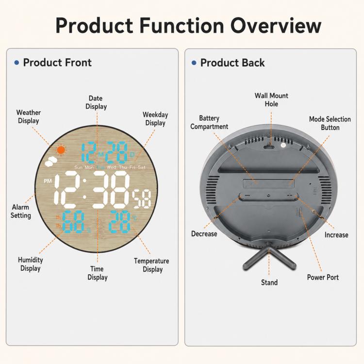 Orologio da parete multifunzione DS-5853L, con display LED rotondo a motivo bambù, visualizzazione meteo e orologio elettronico.