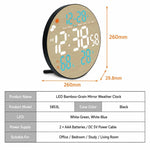 Orologio da parete multifunzione DS-5853L, con display LED rotondo a motivo bambù, visualizzazione meteo e orologio elettronico.