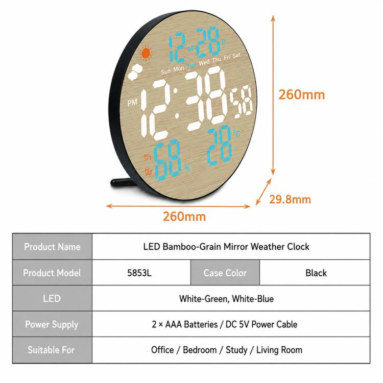 Orologio da parete multifunzione DS-5853L, con display LED rotondo a motivo bambù, visualizzazione meteo e orologio elettronico.