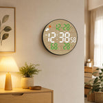 Orologio da parete multifunzione DS-5853L, con display LED rotondo a motivo bambù, visualizzazione meteo e orologio elettronico.