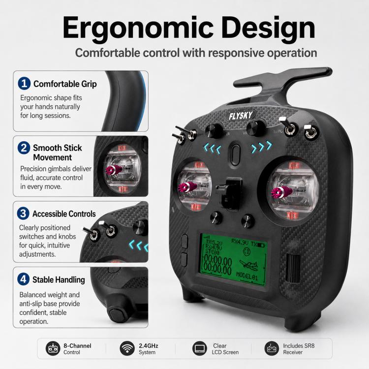 Trasmettitore FlySky FS-ST8 con schermo LCD, 2.4G e 8 canali per droni, barche e modellini di auto., Standard Left with SR8 Receiver, Upgraded Left with SR8A Receiver