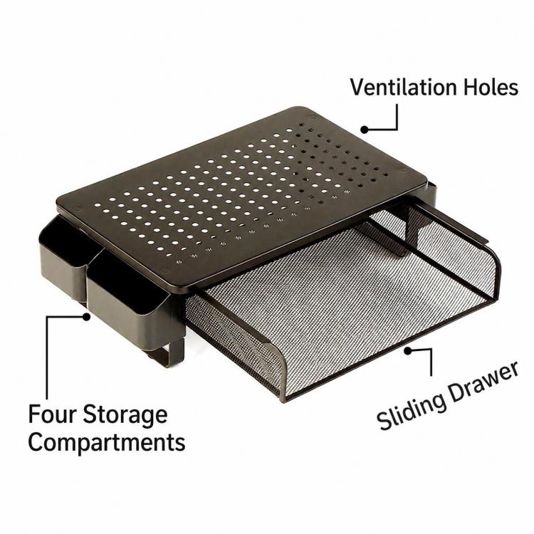 Supporto laptop con ventilazione e scomparti, versioni Low, Mid, High