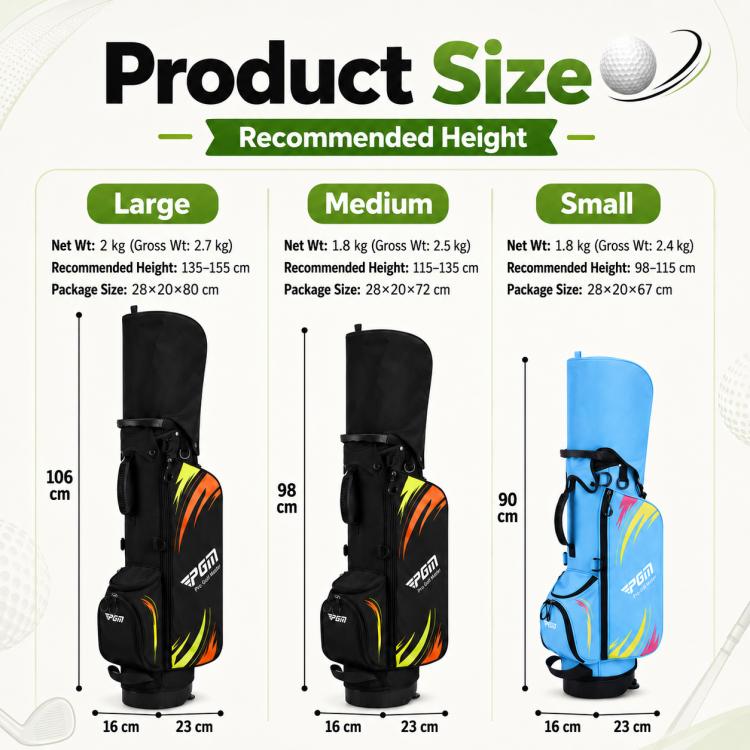 Borsa da golf a doppia tracolla PGM QB203 per ragazzi, grande capacità, capiente., Large Size Black Green, Medium Size Black Green, Small Size Blue