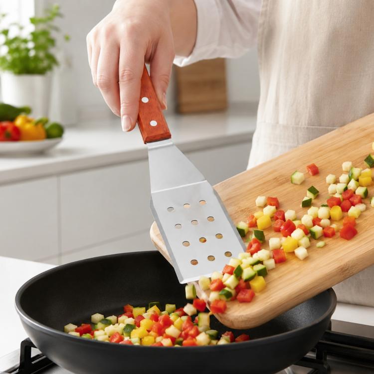 Spatola da cucina LsCook in acciaio inossidabile con manico in legno, Small Frying Spatula, Small Slotted Spatula, Small Griddle Scraper, Small Triangular Spatula, Large Griddle Scraper, Large Triangular Spatula, Angled Griddle Spatula                 ...