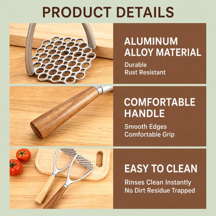 Schiacciapatate LsCook con manico in rovere, utensile da cucina multifunzionale