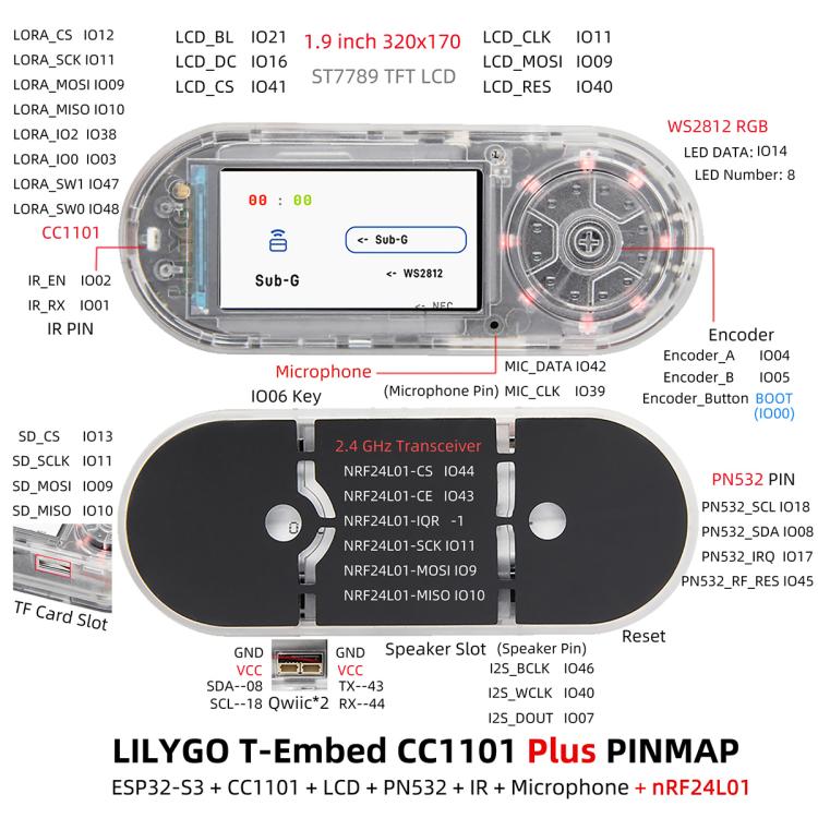 Modulo LILYGO T-Embed CC1101 Plus ESP32-S3 1.9 inch LCD con antenna integrata o
