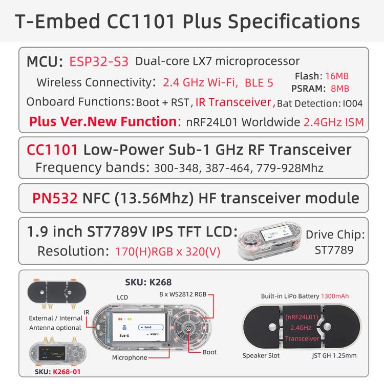 Modulo LILYGO T-Embed CC1101 Plus ESP32-S3 1.9 inch LCD con antenna integrata o