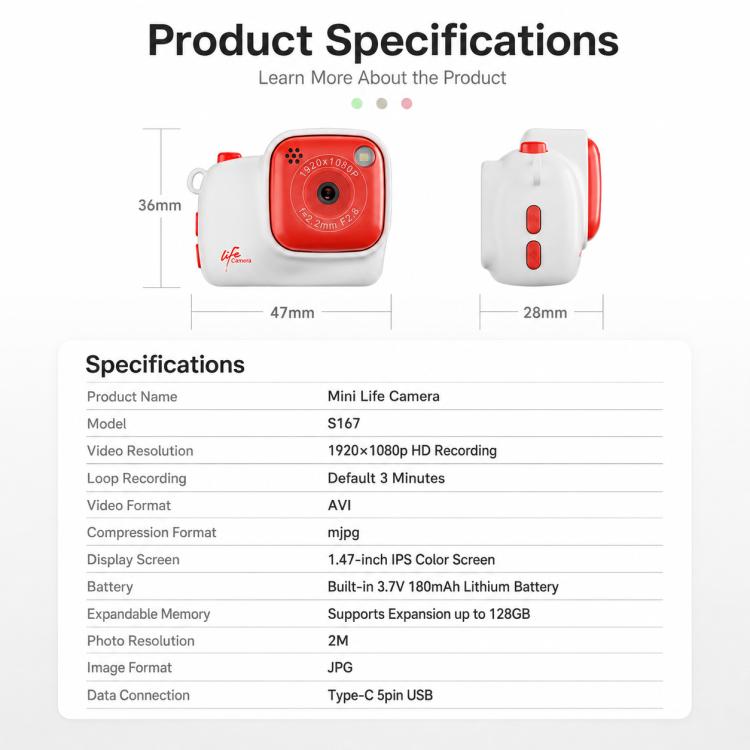 Mini fotocamera lifestyle S167 da 2 MP HD con schermo a colori da 1,47 pollici, No Memory, 8G, 16G, 32G