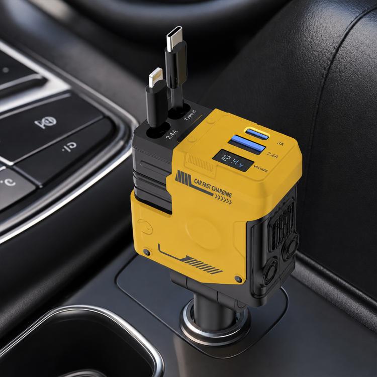 Caricabatterie da auto in stile meccanico con doppia porta Type-C e USB-A, dotato di cavo retrattile Type-C e a 8 pin.